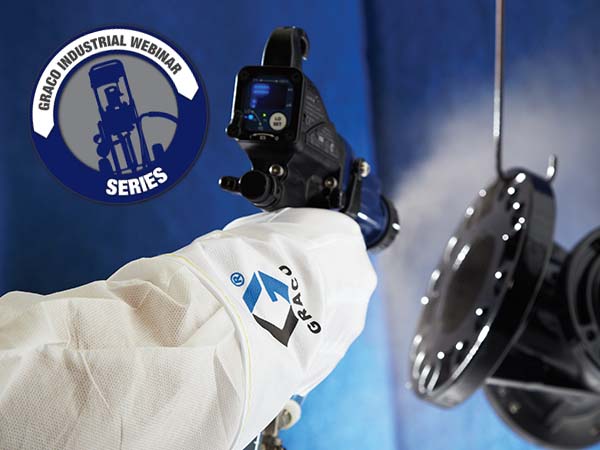 Graco Industrial Webinar Series image shows a painter spraying a metal part with a Pro Xp electrostatic gun.