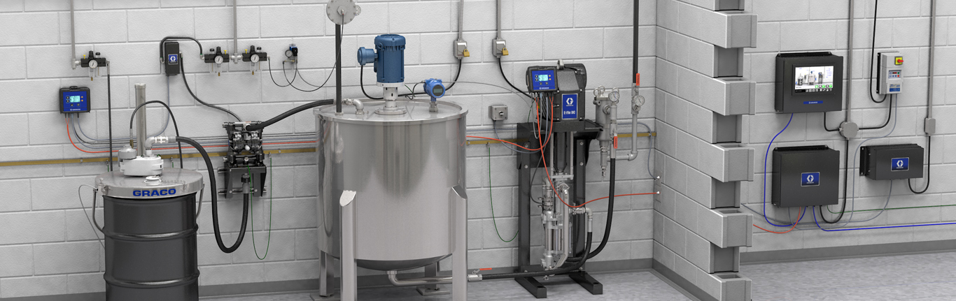 The illustration shows how Intelligent Paint Kitchen sensors, actuators and control modules that communicate with each other to optimise industrial paint supply and circulation. It allows pump control, tank control, and overall (remote) control.