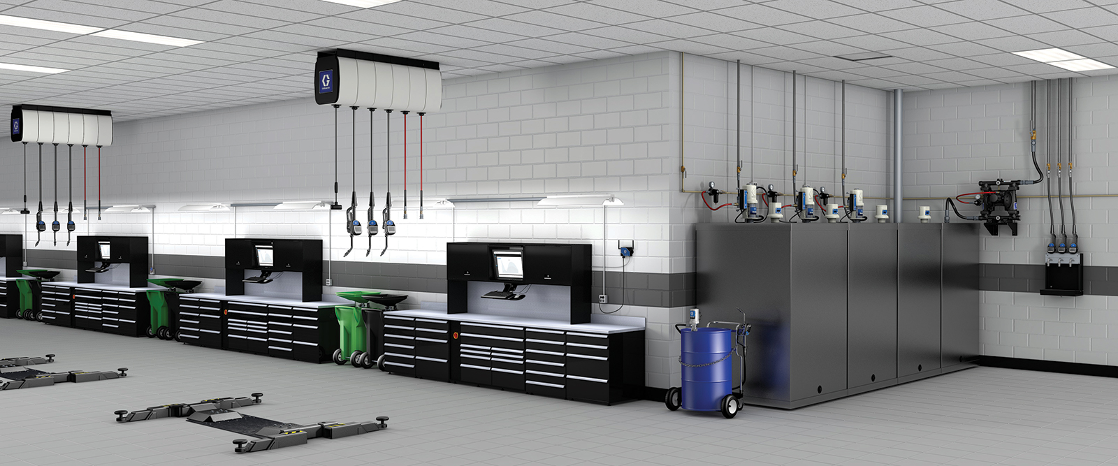 Vehicle service image showing a service shop, transfer pump, fluid management solutions, hose reel, cord reel, fluid drain, oil evacuation, meters, and dispense guns for oil, antifreeze, ATF and other bulk fluids.